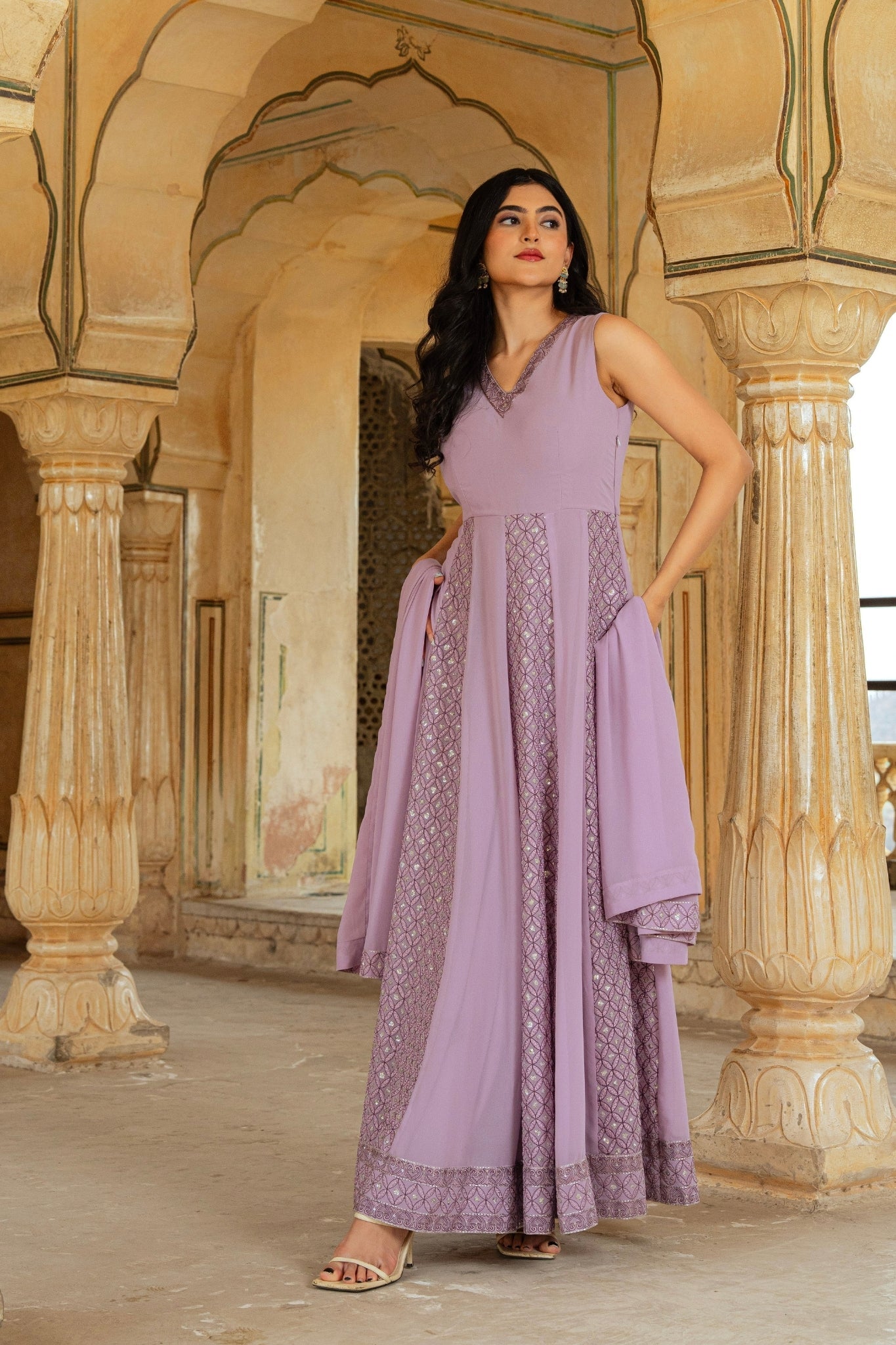 Ethereal Lilac Georgette Anarkali With Intricate Geometric Embroidery