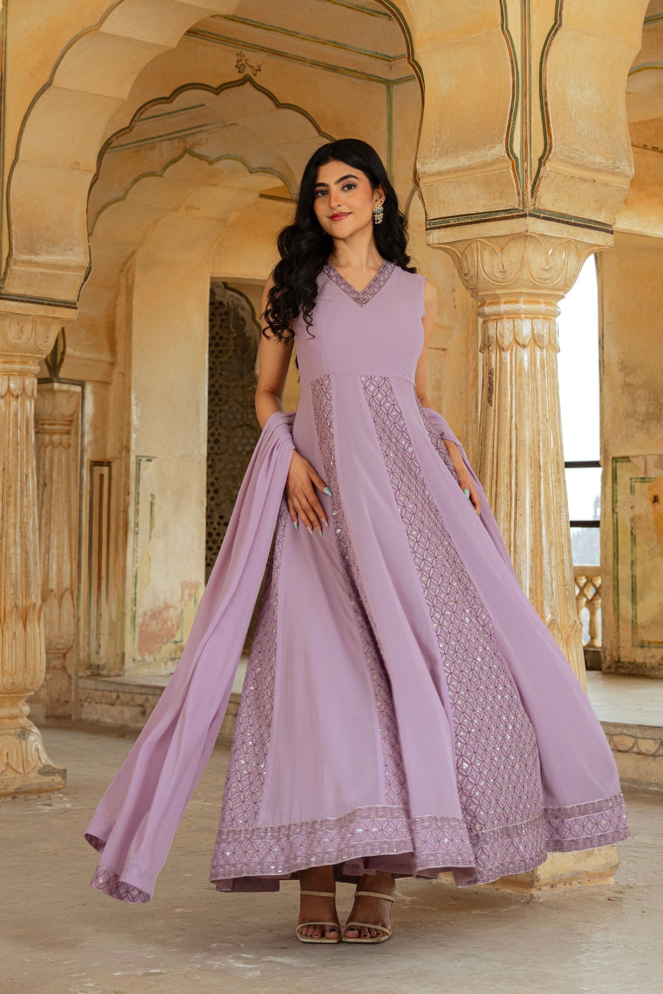 Ethereal Lilac Georgette Anarkali With Intricate Geometric Embroidery