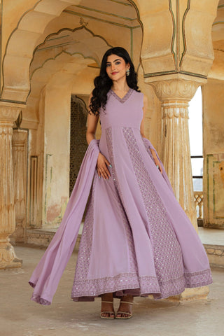 Ethereal Lilac Georgette Anarkali With Intricate Geometric Embroidery