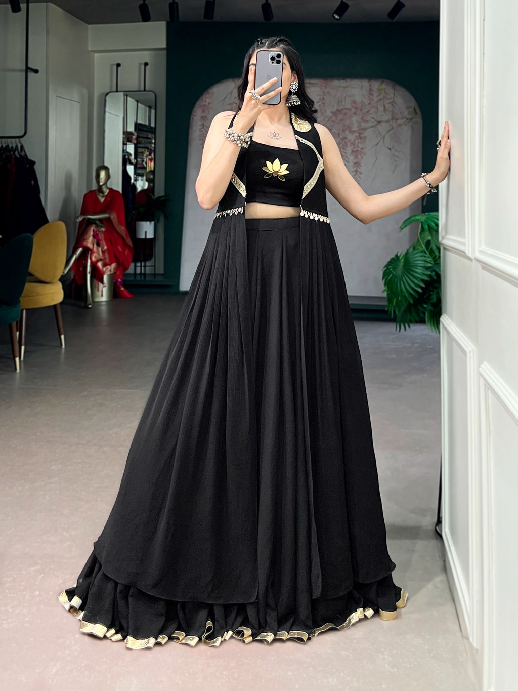 Black Elegant Lotus Handwork Navratri Wear Lehenga Set with Jacket
