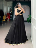 Black Elegant Lotus Handwork Navratri Wear Lehenga Set with Jacket

