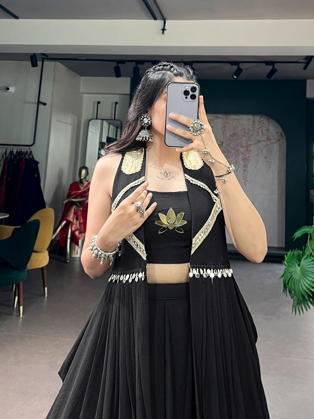 Black Elegant Lotus Handwork Navratri Wear Lehenga Set with Jacket
