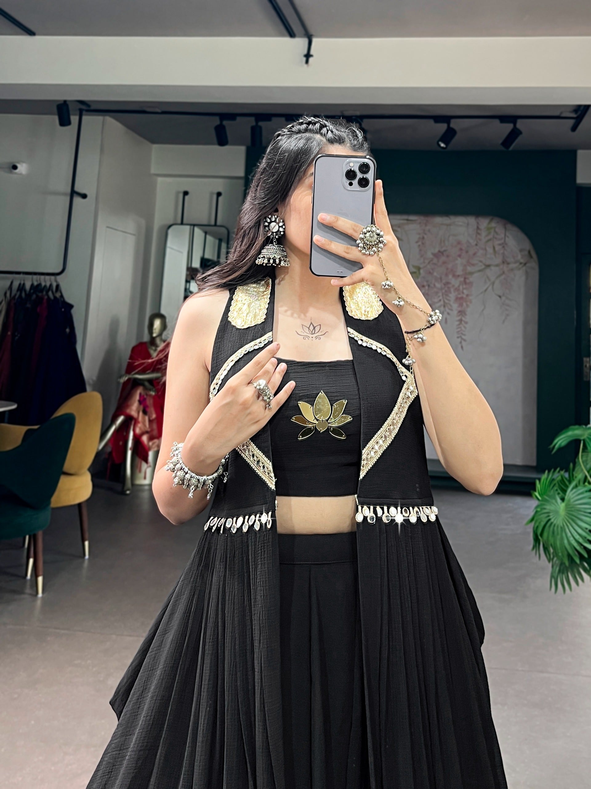 Black Elegant Lotus Handwork Navratri Wear Lehenga Set with Jacket
