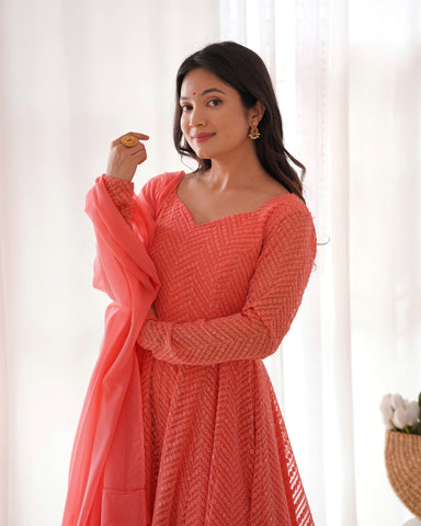 Lucknowi Elegance: Peach Anarkali Suit