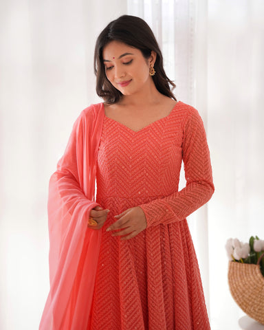 Lucknowi Elegance: Peach Anarkali Suit