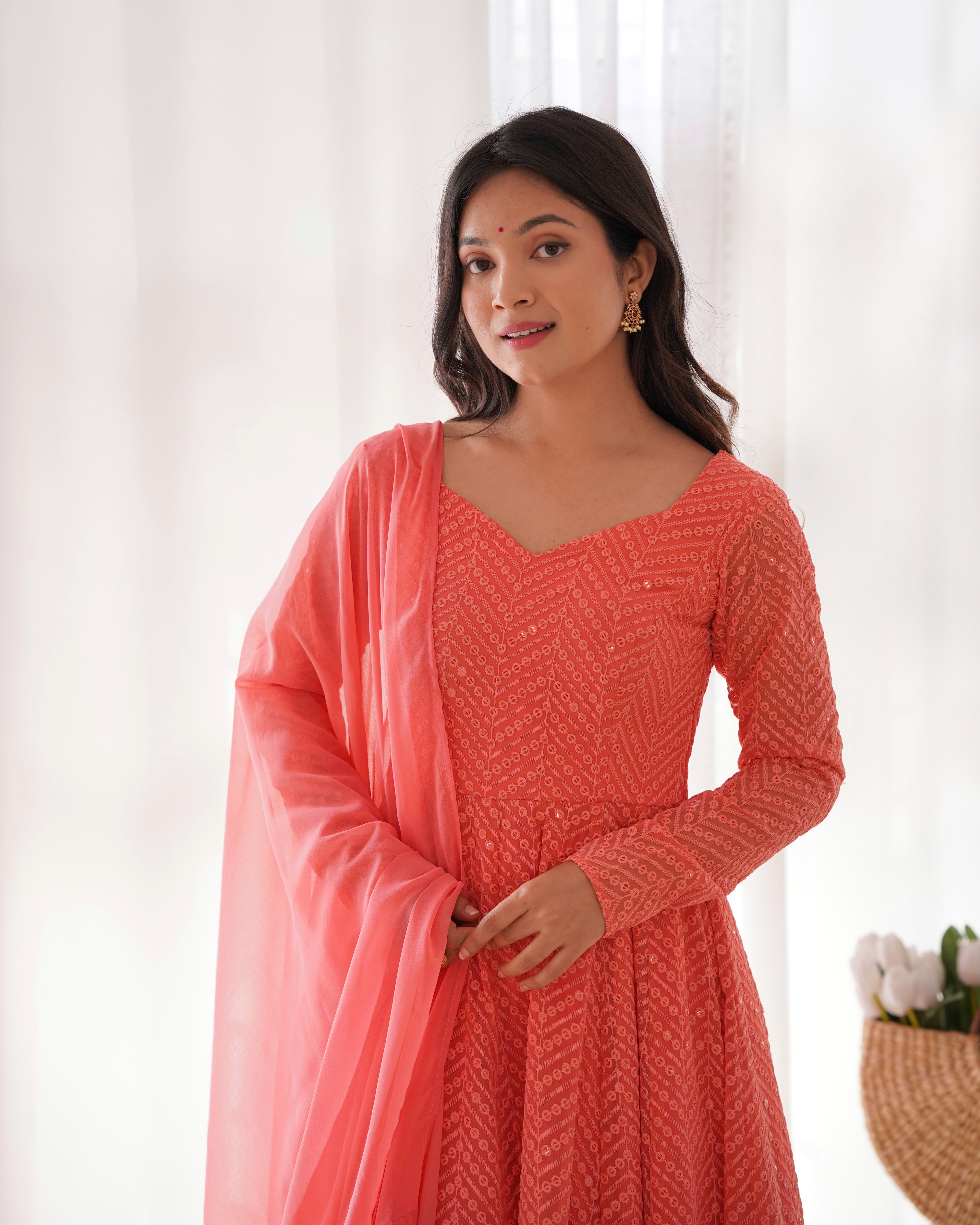Lucknowi Elegance: Peach Anarkali Suit