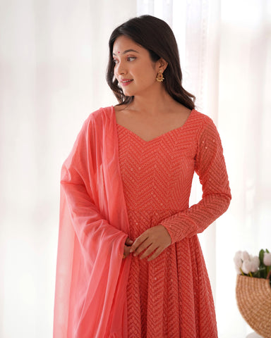 Lucknowi Elegance: Peach Anarkali Suit