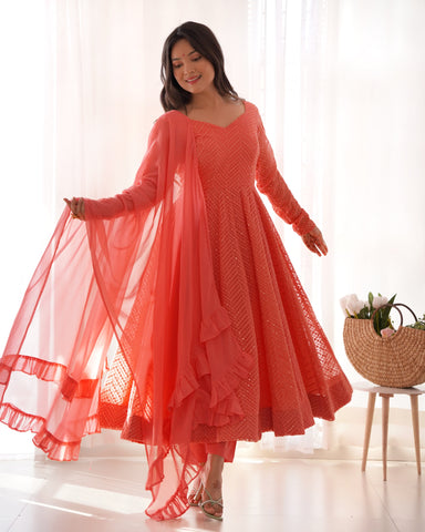 Lucknowi Elegance: Peach Anarkali Suit