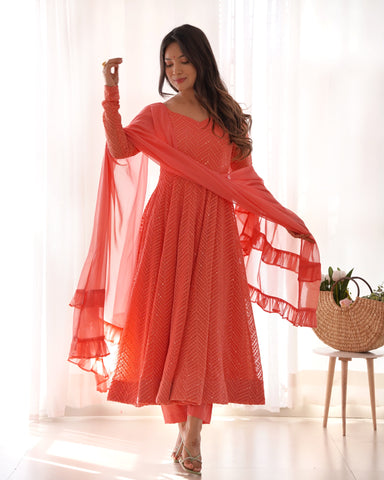 Lucknowi Elegance: Peach Anarkali Suit