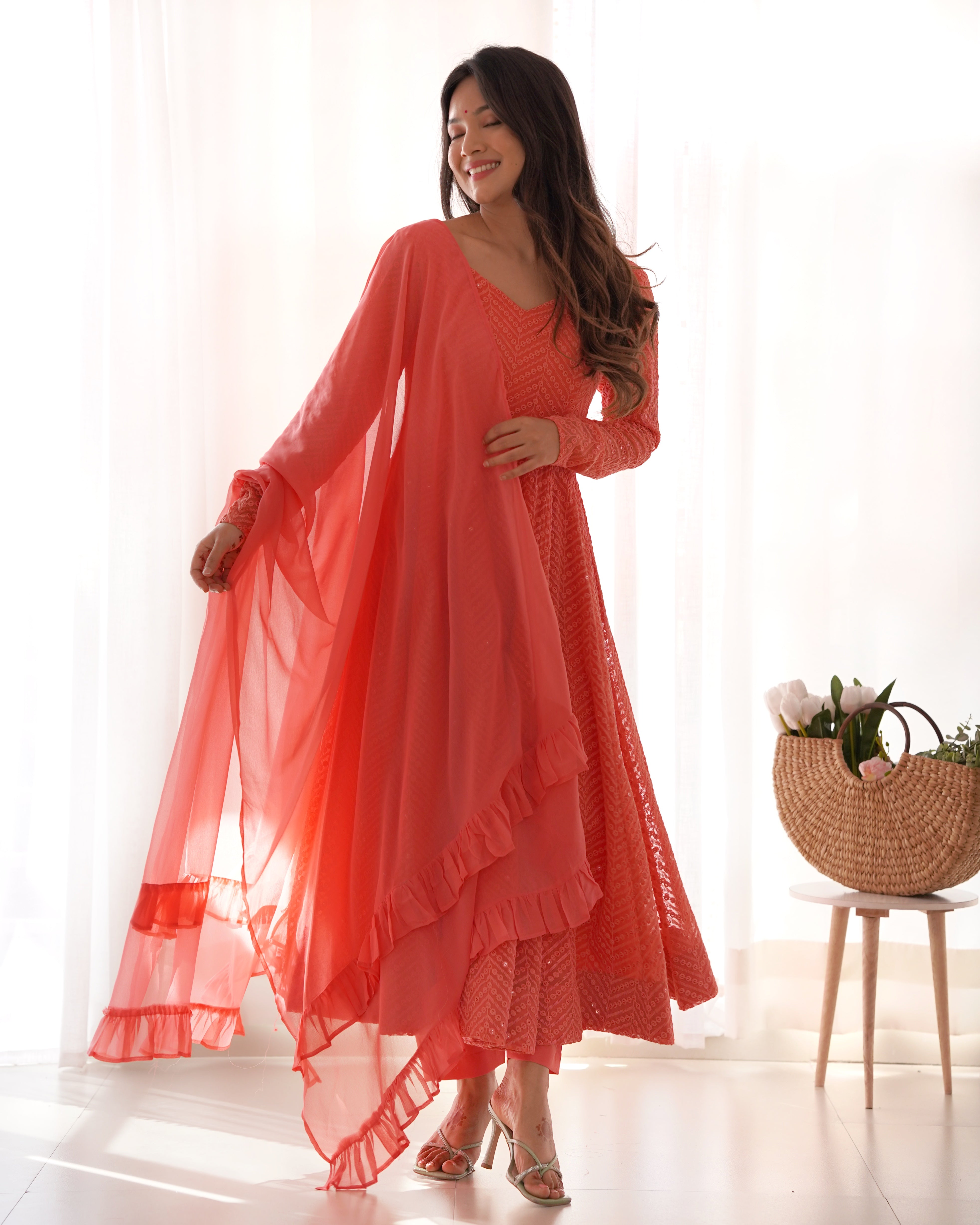 Lucknowi Elegance: Peach Anarkali Suit