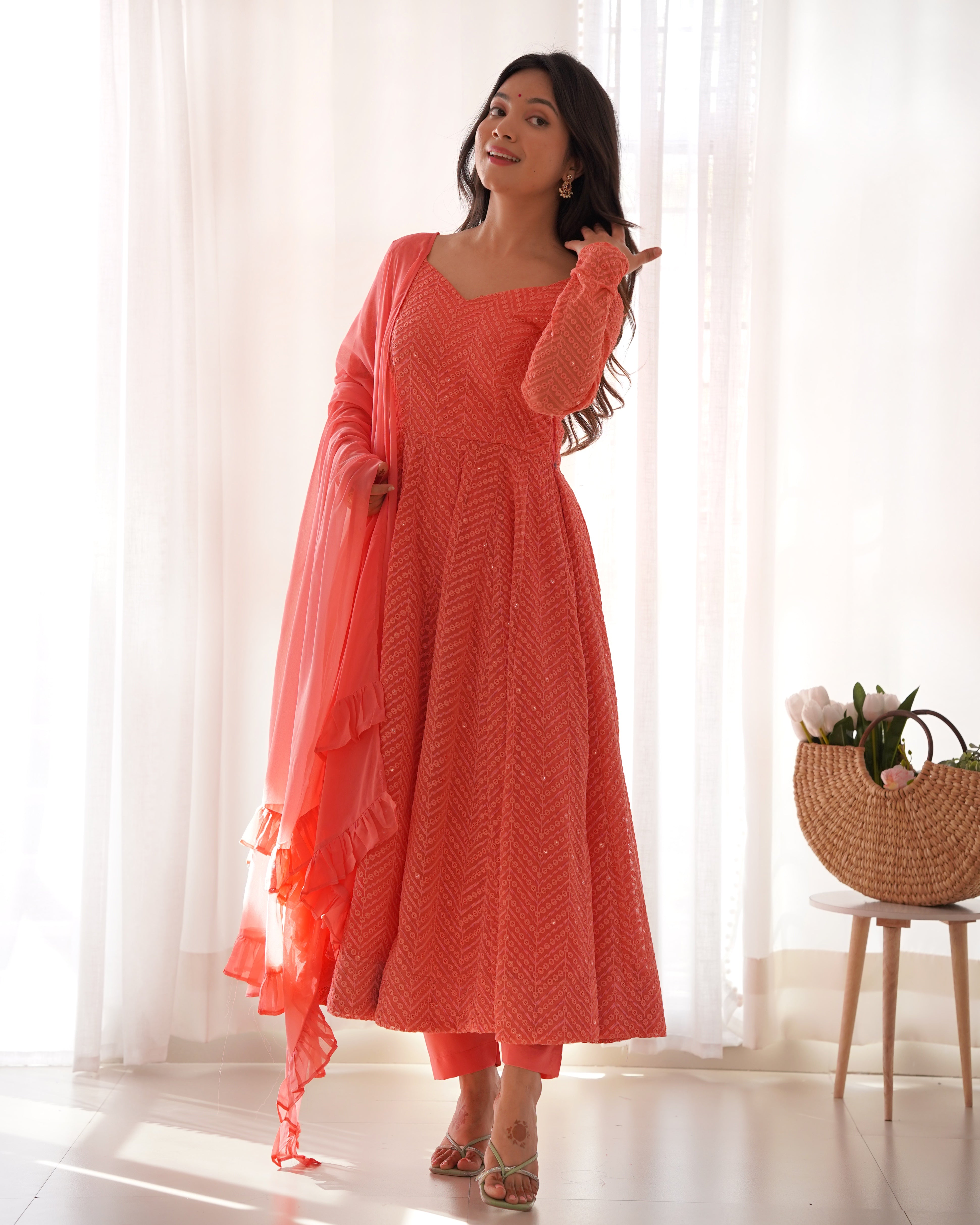 Lucknowi Elegance: Peach Anarkali Suit