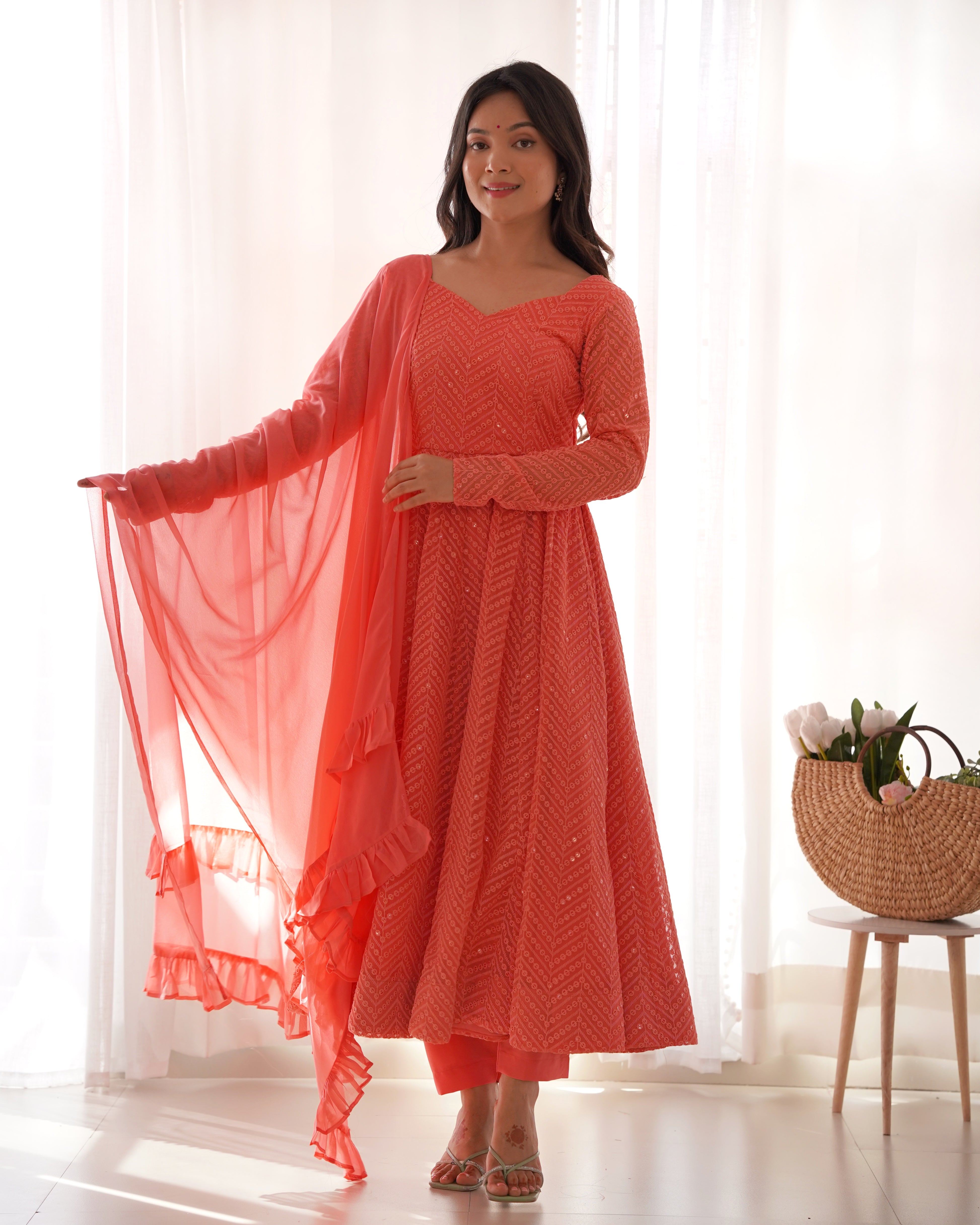 Lucknowi Elegance: Peach Anarkali Suit