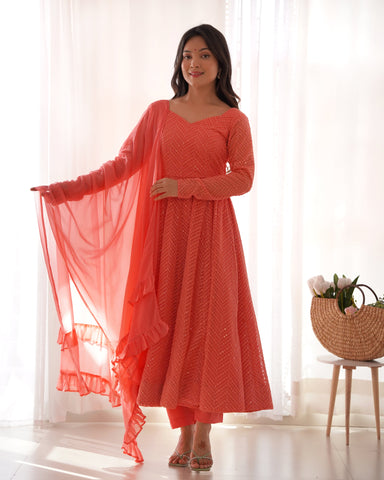 Lucknowi Elegance: Peach Anarkali Suit