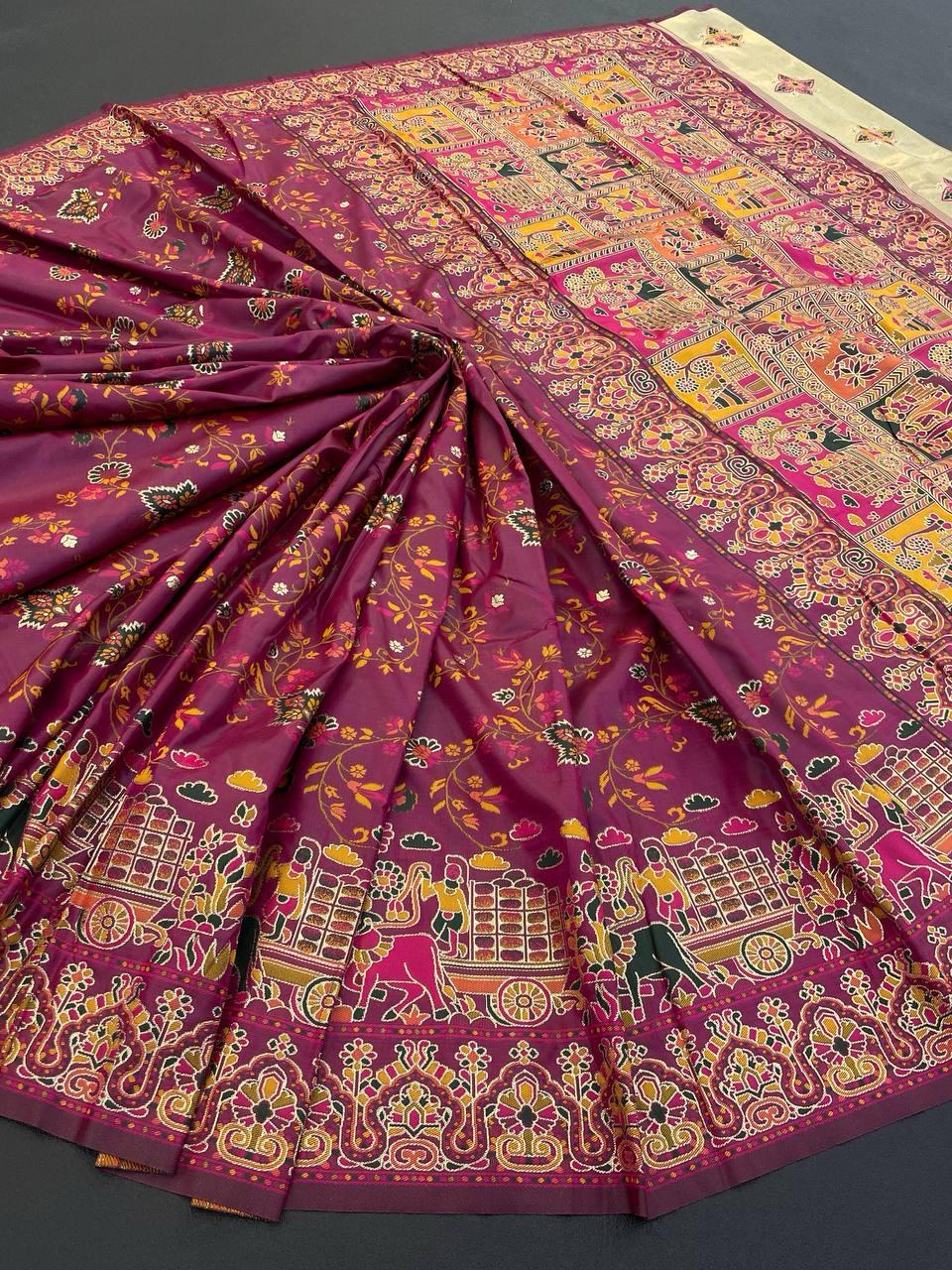 Luminous Wine Pashmina Saree With Winsome Blouse Piece