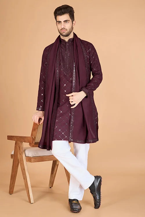 Maroon Stylish Sequence Embroidered Best Kurta for Men