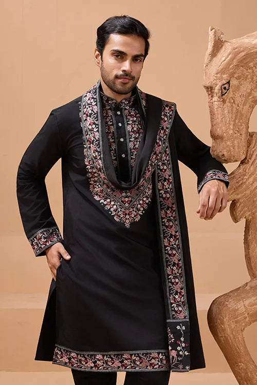 Luxury Wedding Look Black Kurta with Dupatta for Mens Wear
