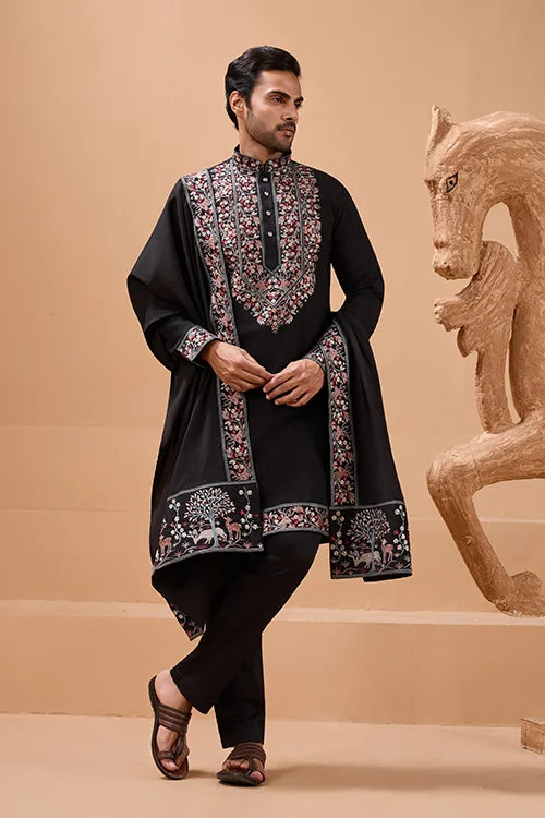 Luxury Wedding Look Black Kurta with Dupatta for Mens Wear