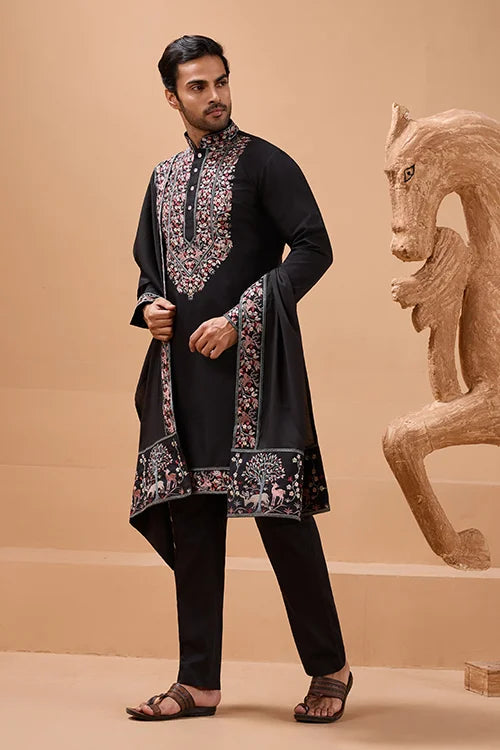 Luxury Wedding Look Black Kurta with Dupatta for Mens Wear