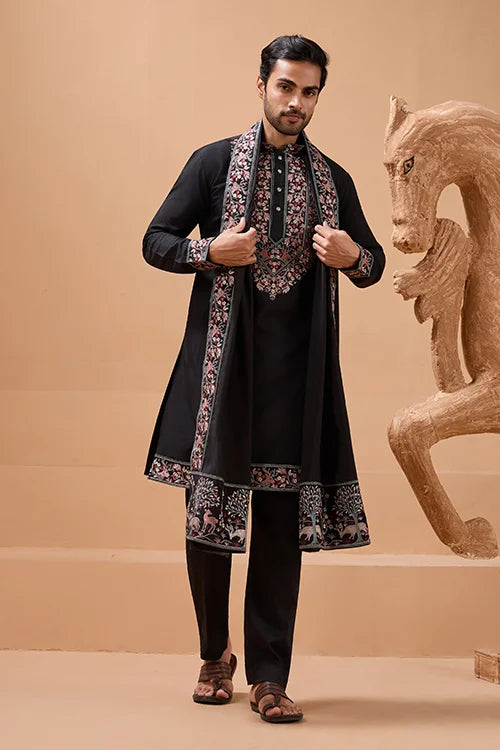 Luxury Wedding Look Black Kurta with Dupatta for Mens Wear