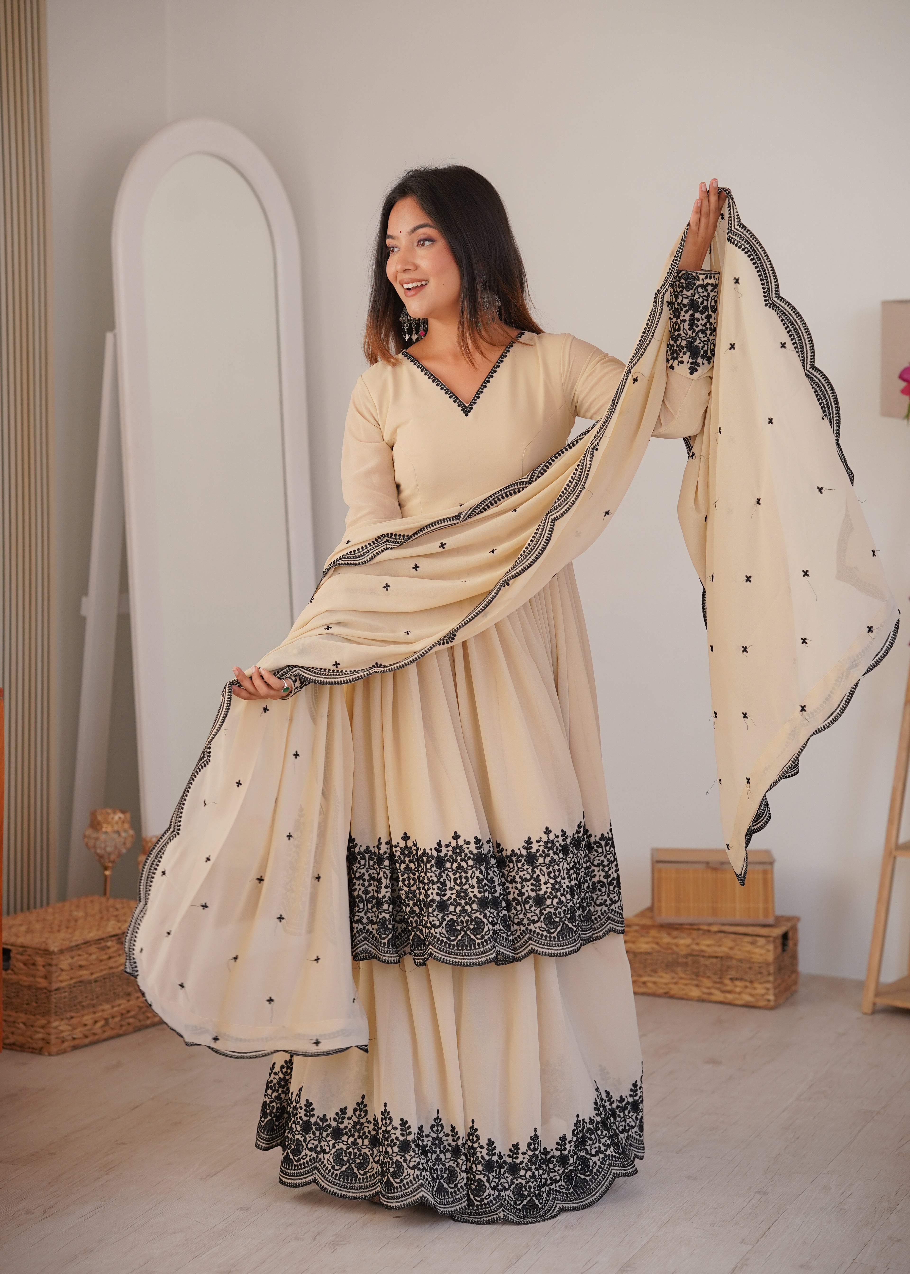 Luxury Beige Faux Georgette Thread Embroidered Suit Set With Dupatta
