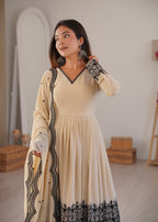 Luxury Beige Faux Georgette Thread Embroidered Suit Set With Dupatta
