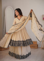 Luxury Beige Faux Georgette Thread Embroidered Suit Set With Dupatta
