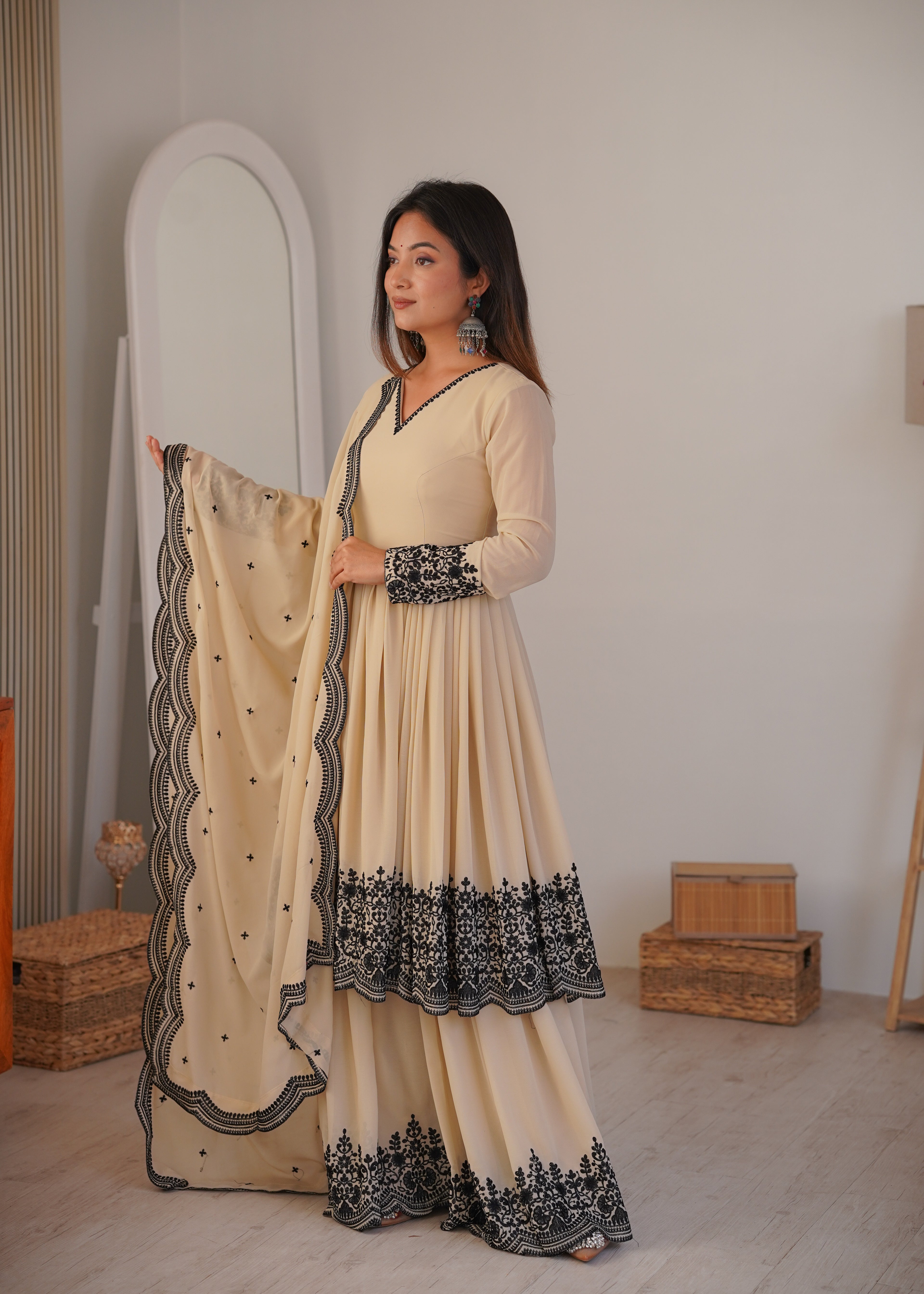 Luxury Beige Faux Georgette Thread Embroidered Suit Set With Dupatta
