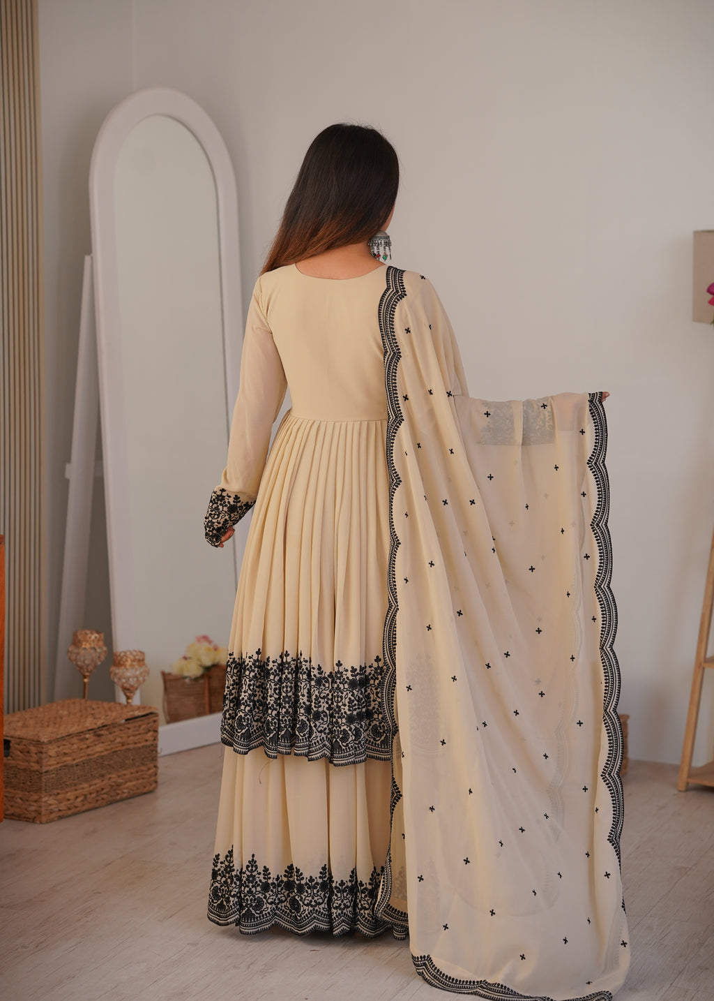 Luxury Beige Faux Georgette Thread Embroidered Suit Set With Dupatta
