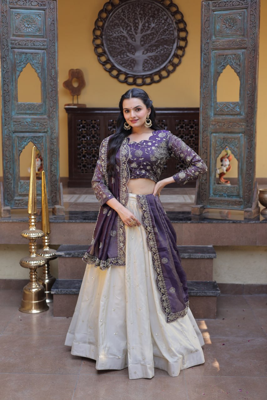 Luxury Cosmos Zari and Pipe Work Lehenga Set with Dupatta
