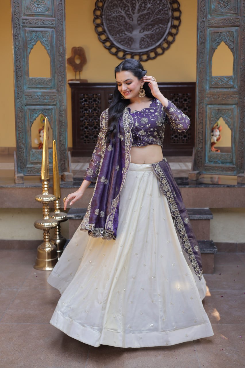 Luxury Cosmos Zari and Pipe Work Lehenga Set with Dupatta
