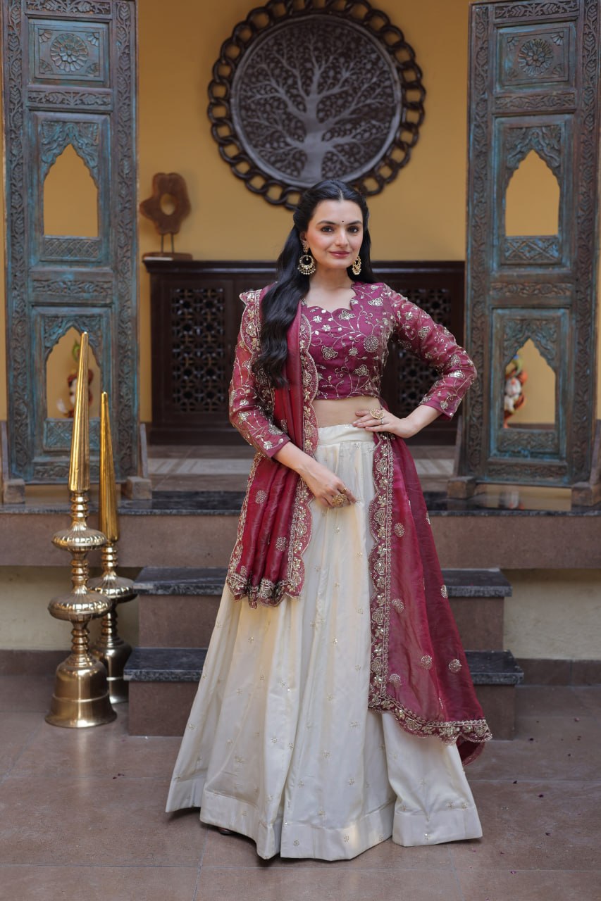 Luxury Cosmos Zari and Pipe Work Lehenga Set with Dupatta
