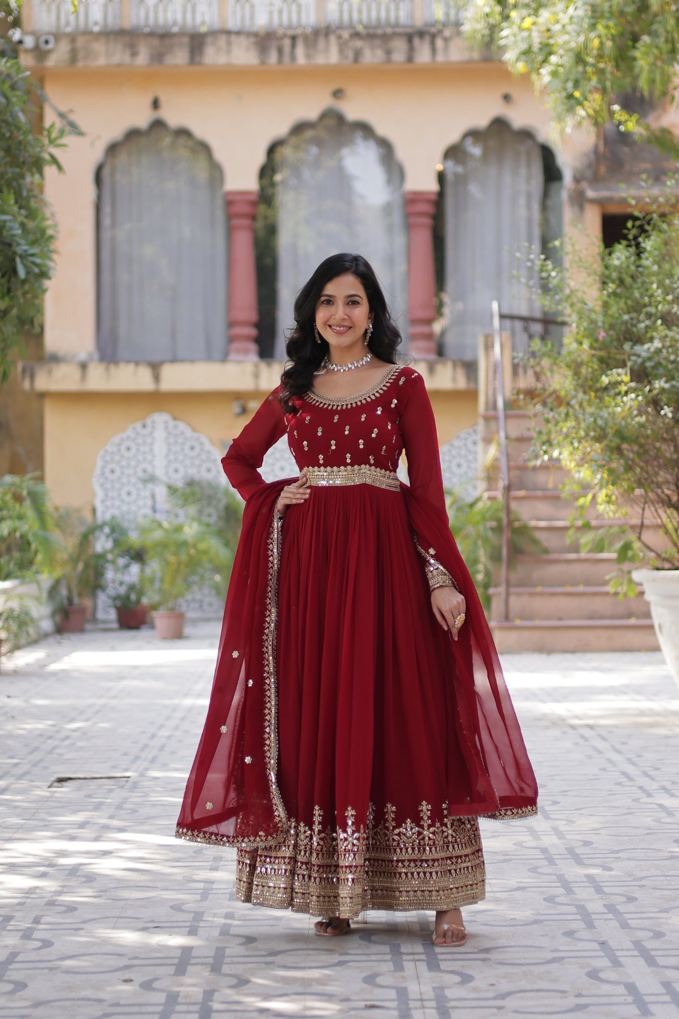 Elegance Luxury Designer Embroidered Work Gown With Dupatta Set