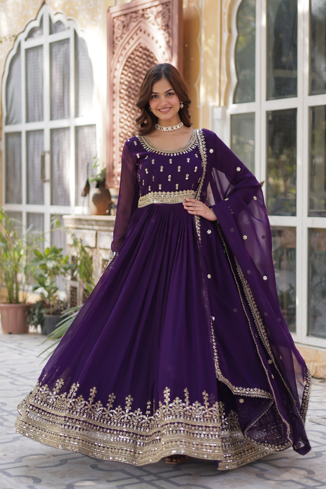 Elegance Luxury Designer Embroidered Work Gown With Dupatta Set