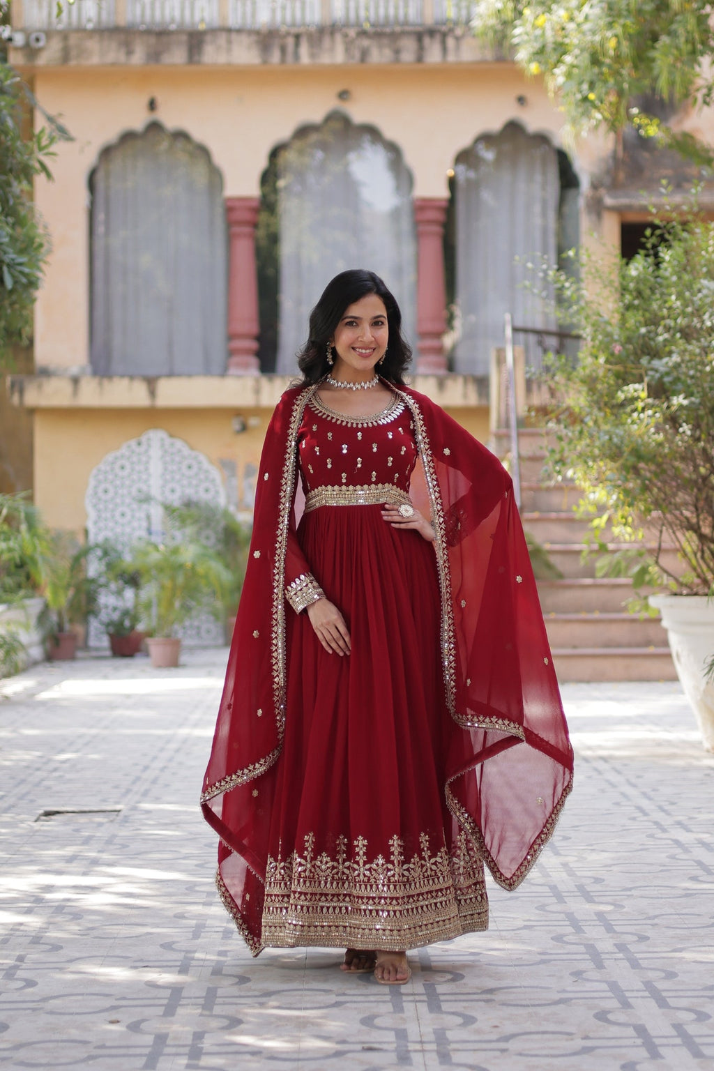 Elegance Luxury Designer Embroidered Work Gown With Dupatta Set