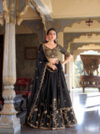 Luxury Rangoli Silk Zari Dori Sequins Embroidered Lehenga Choli Set with Cutwork Dupatta

