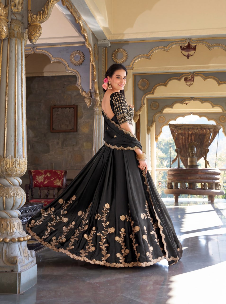 Luxury Rangoli Silk Zari Dori Sequins Embroidered Lehenga Choli Set with Cutwork Dupatta
