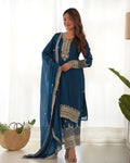 Luxury Teal Blue Pure Chinon Silk Embroidery Sequence Work Suit Full Set

