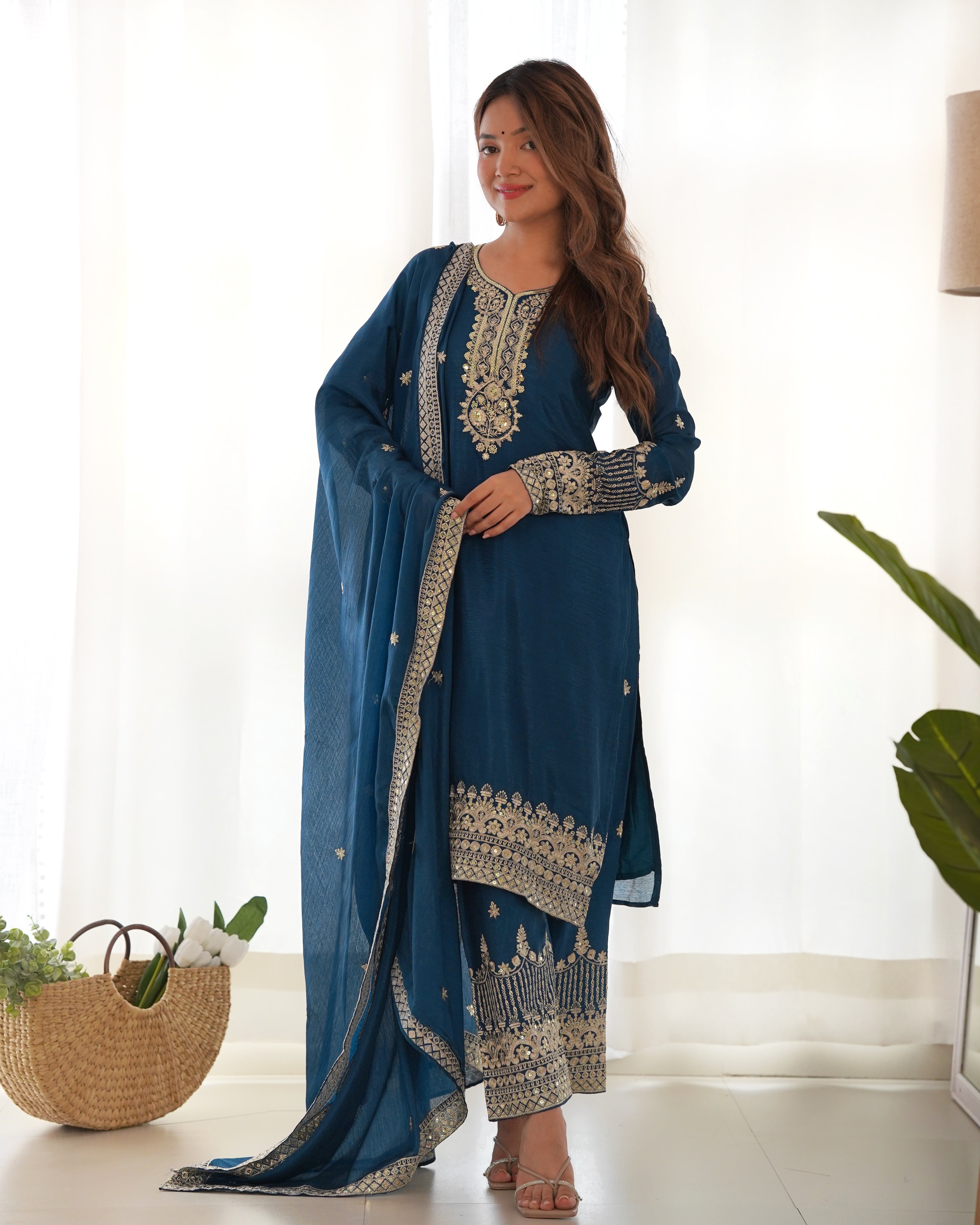 Luxury Teal Blue Pure Chinon Silk Embroidery Sequence Work Suit Full Set
