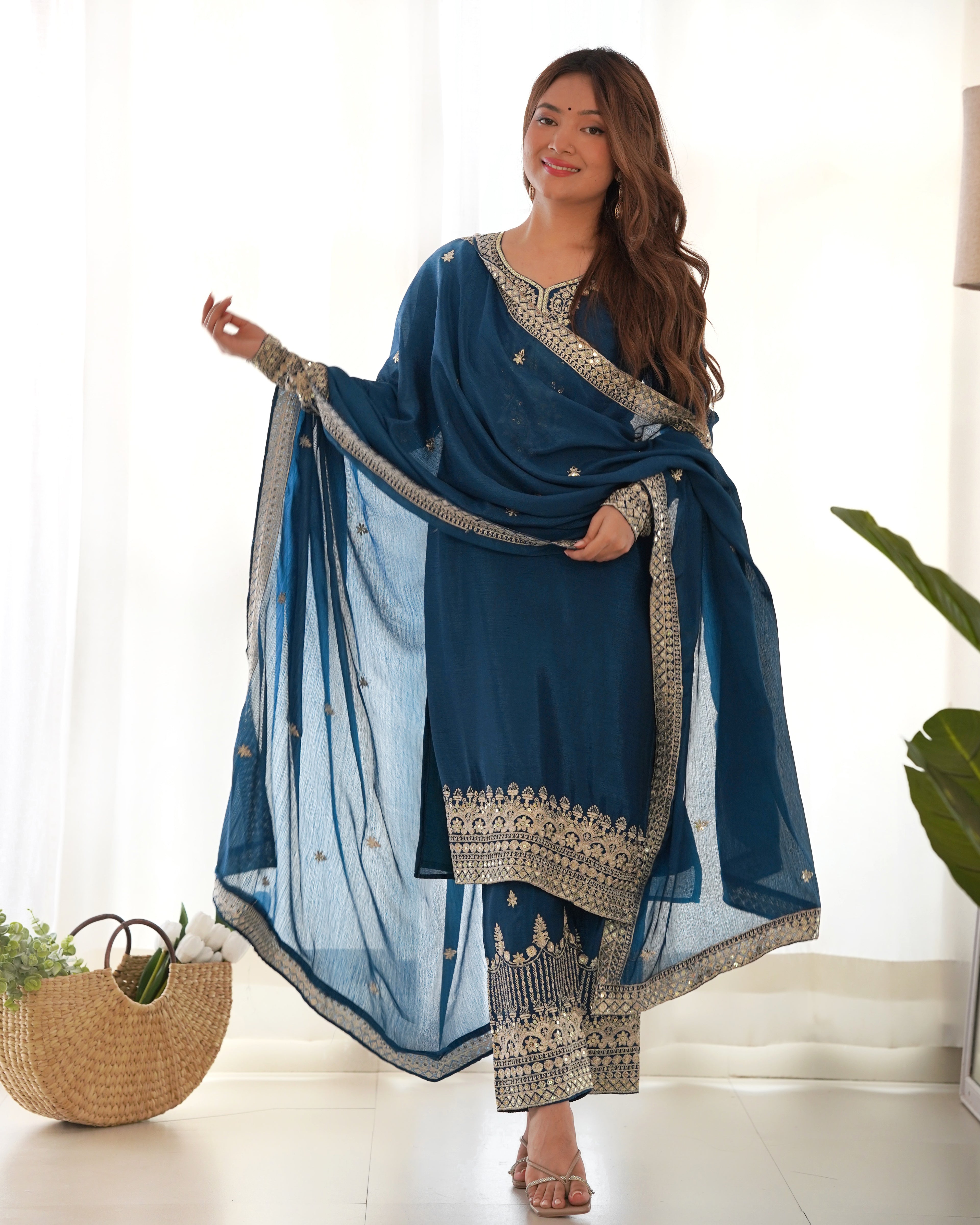 Luxury Teal Blue Pure Chinon Silk Embroidery Sequence Work Suit Full Set
