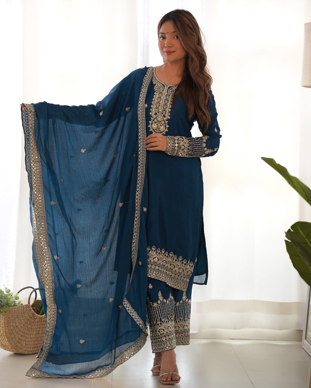 Luxury Teal Blue Pure Chinon Silk Embroidery Sequence Work Suit Full Set
