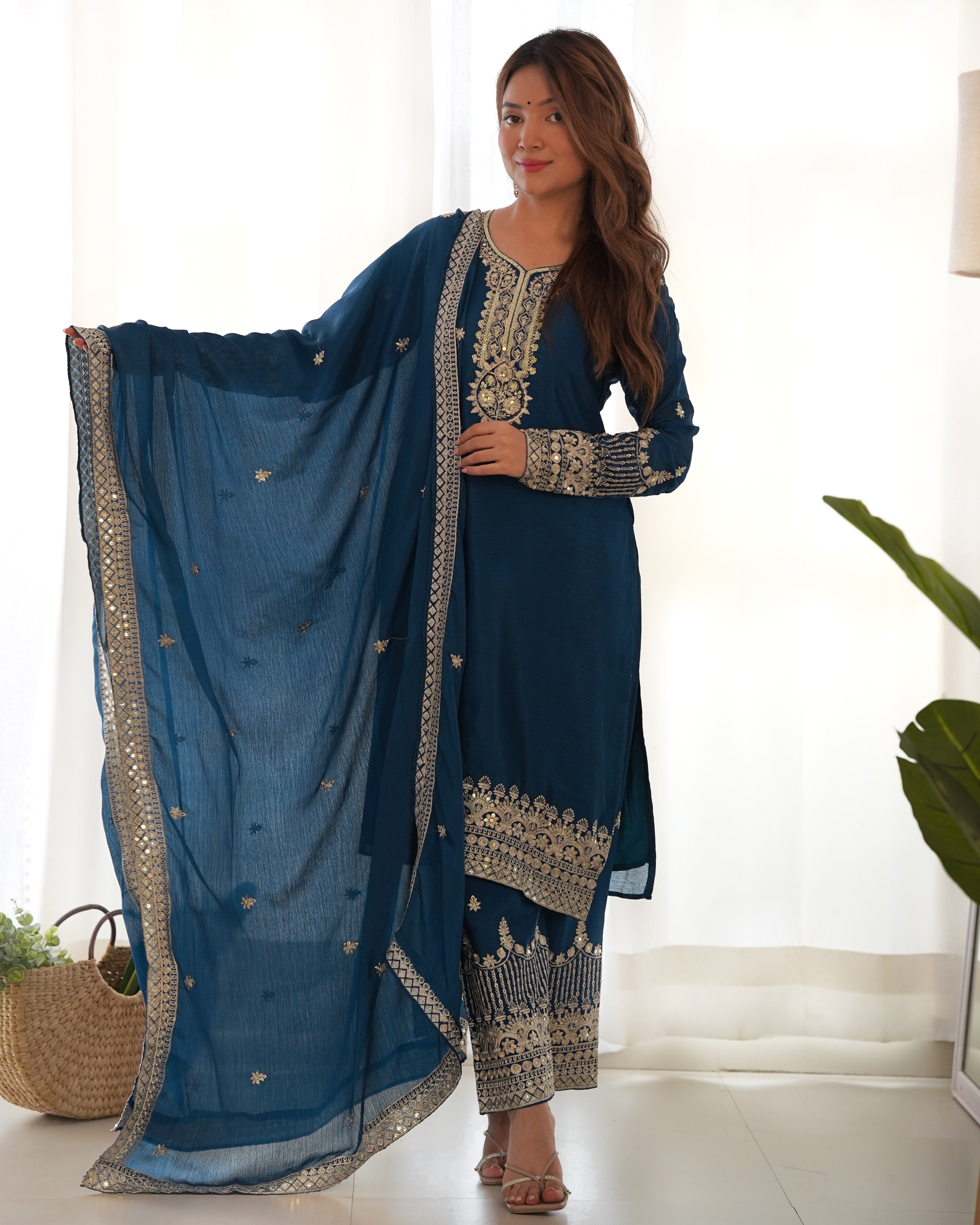 Luxury Teal Blue Pure Chinon Silk Embroidery Sequence Work Suit Full Set
