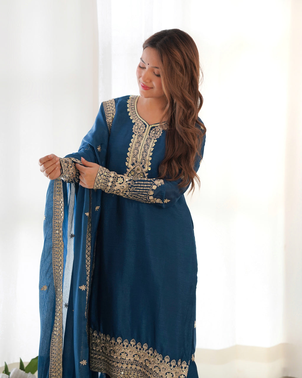Luxury Teal Blue Pure Chinon Silk Embroidery Sequence Work Suit Full Set
