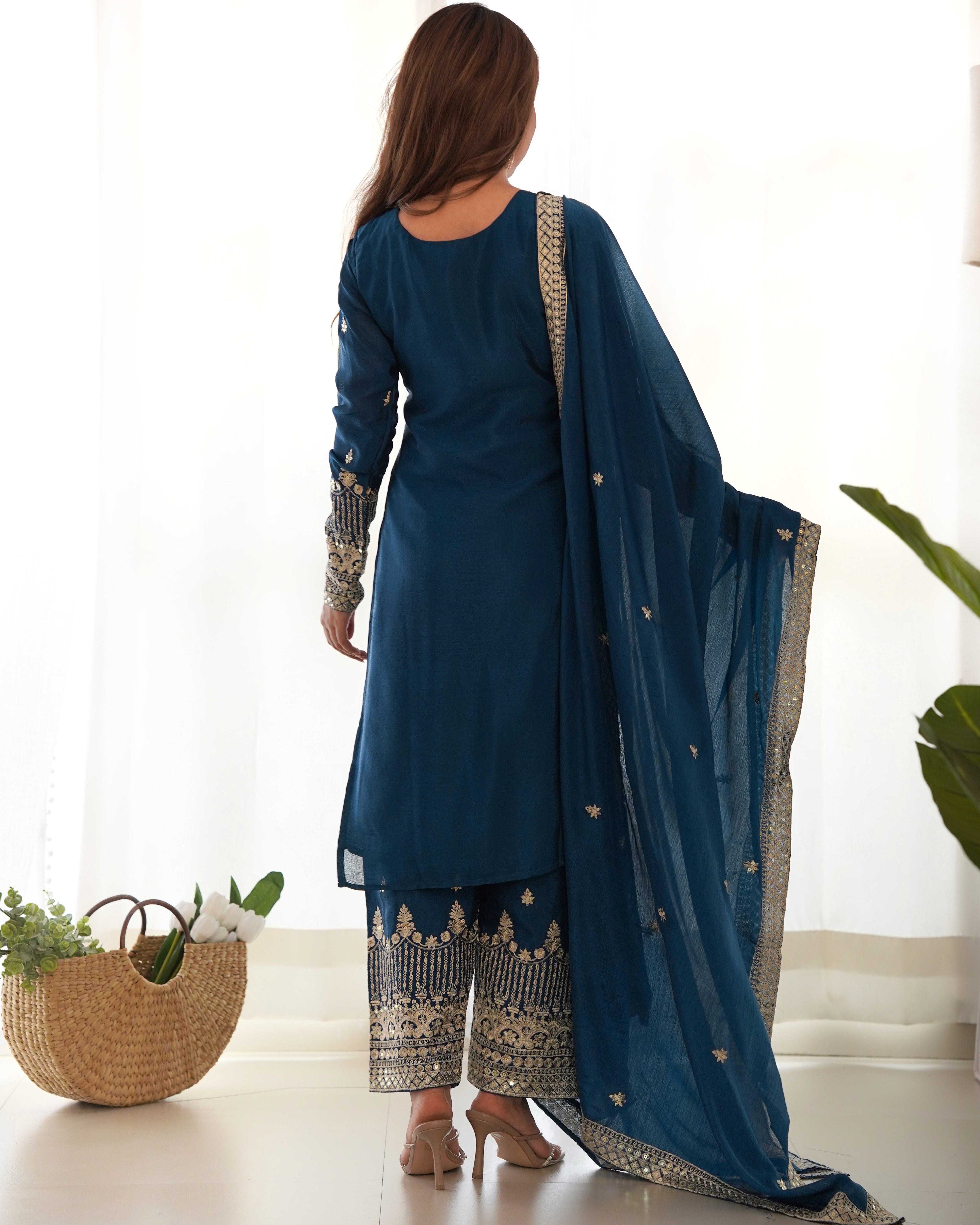 Luxury Teal Blue Pure Chinon Silk Embroidery Sequence Work Suit Full Set
