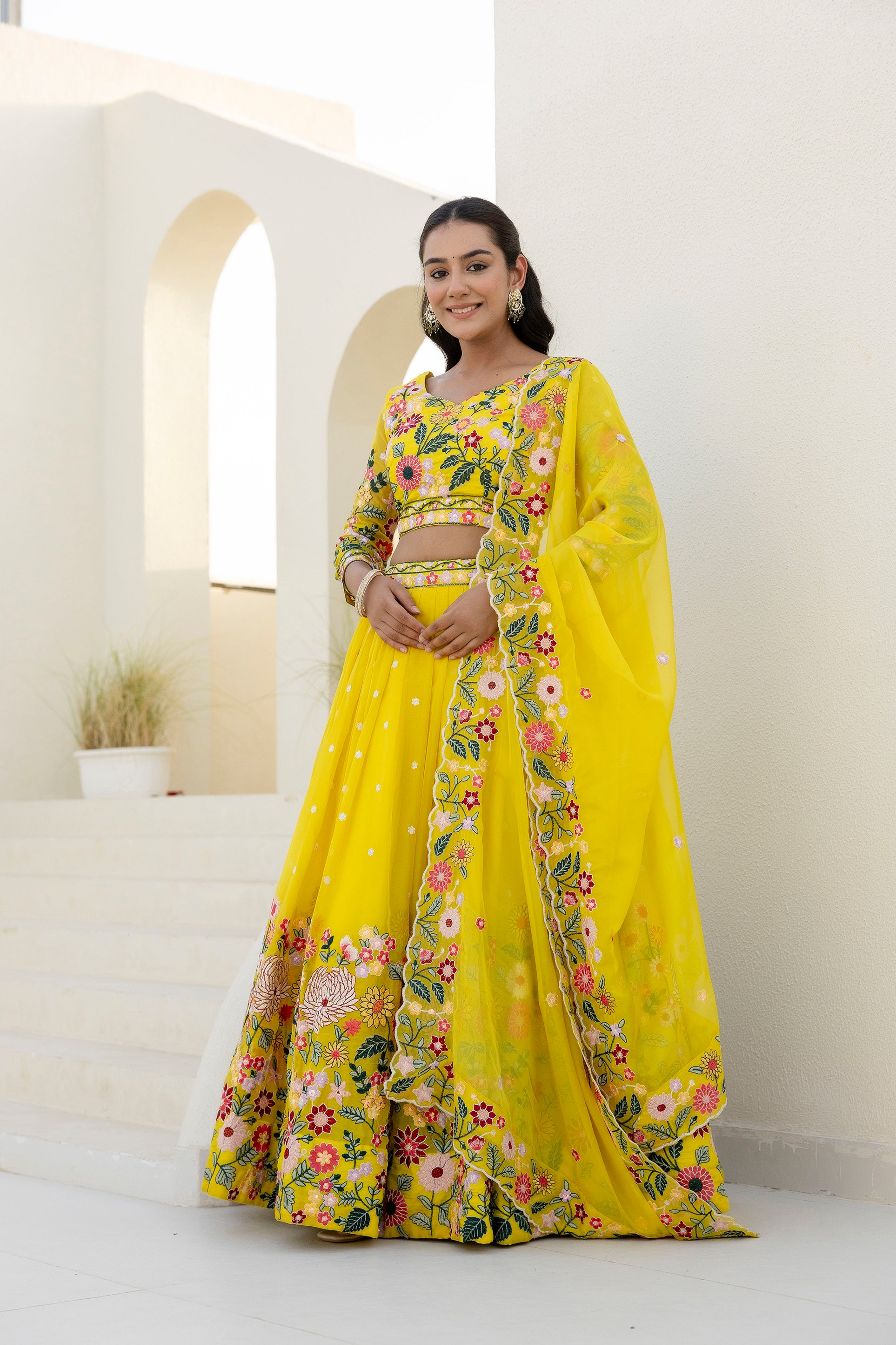 Luxury Yellow Organza Thread and Sequins Work Lehenga Choli Set
