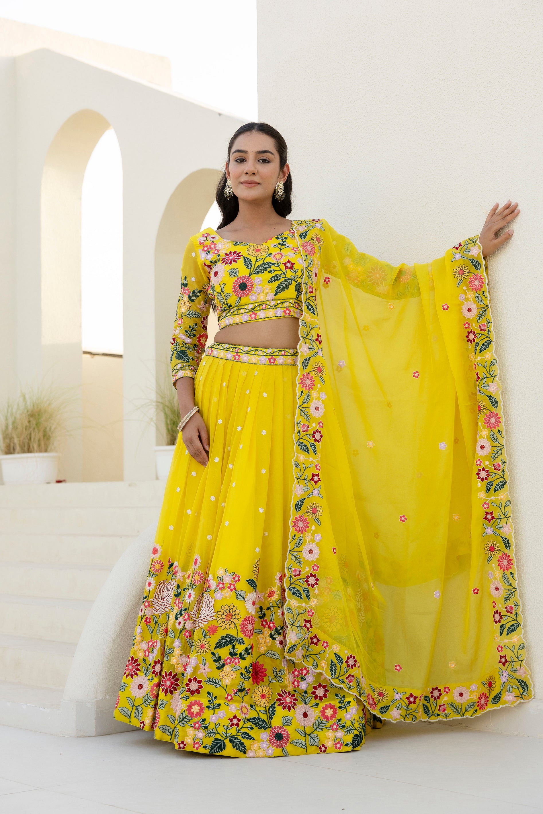 Luxury Yellow Organza Thread and Sequins Work Lehenga Choli Set

