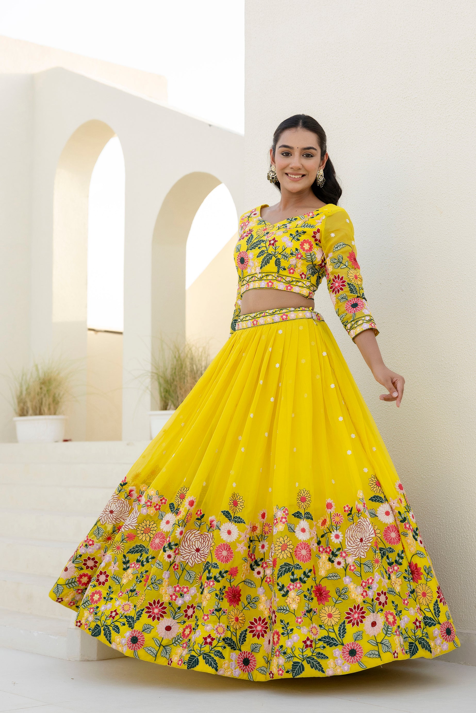 Luxury Yellow Organza Thread and Sequins Work Lehenga Choli Set
