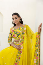 Luxury Yellow Organza Thread and Sequins Work Lehenga Choli Set
