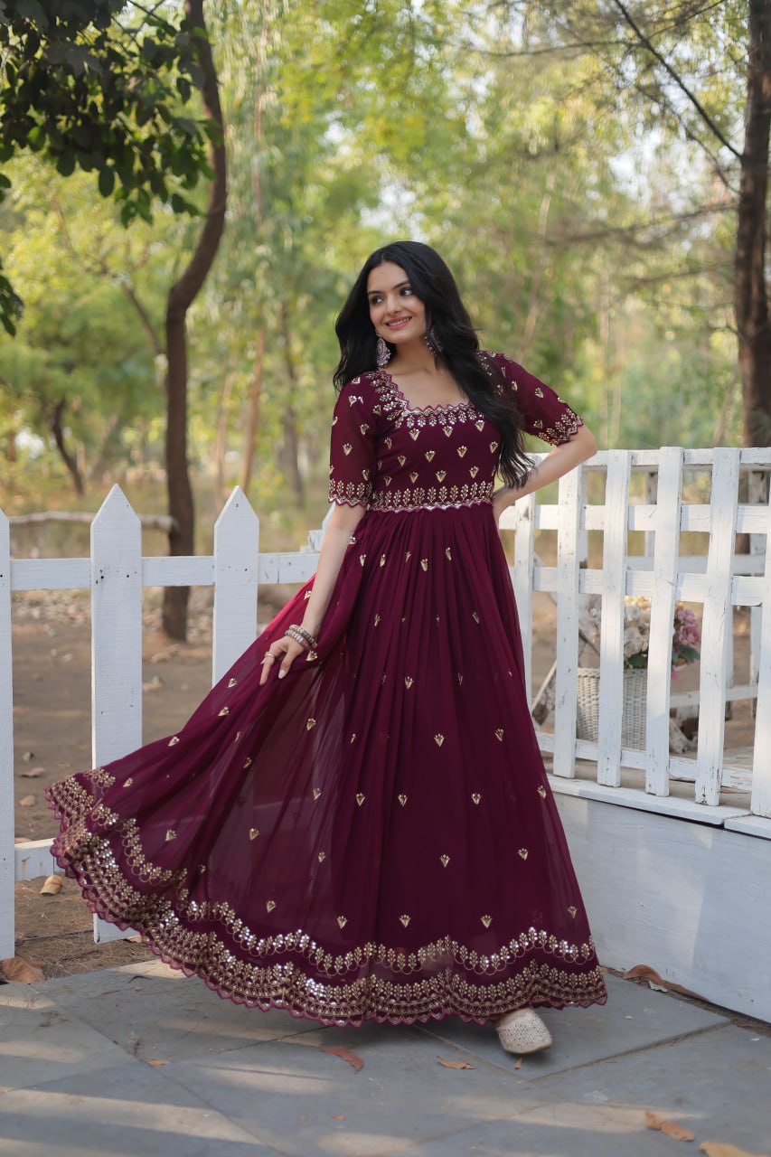 Luxury Zari Thread Sequins Embroidery Work Gown
