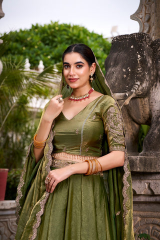 Festive Fendi Sequins and Thread Embroidery Work  Lehenga Choli with Dupatta