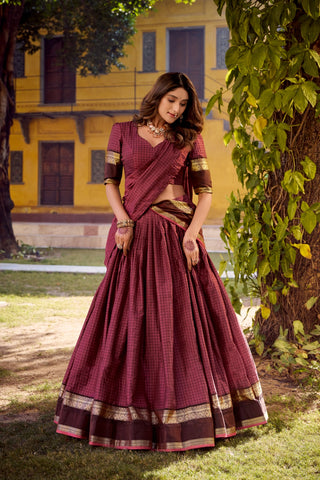 Elegant Chettinad Cotton With Zari Detailing Lehenga Set with Dupatta